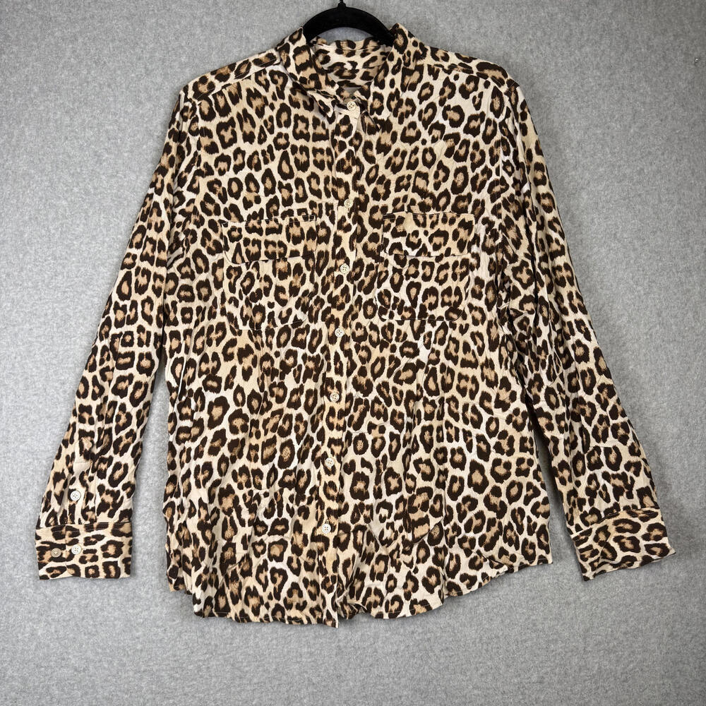 Chico's Women's Size 2, 12/14 L, Animal Print Tan Black Button Down Shirt Top